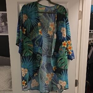 Amazon Women's Tropical Floral Kimono Cardigan - Blue and Green